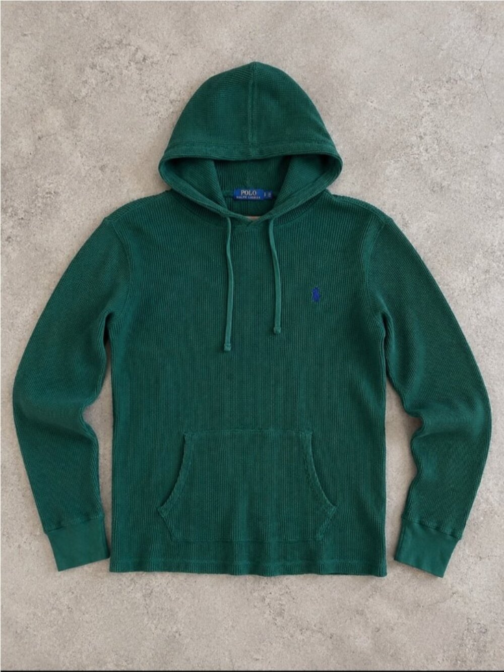 Polo Ralph Lauren Waffle Knit Hoodie Men Small Green Cotton Pullover Pony Logo